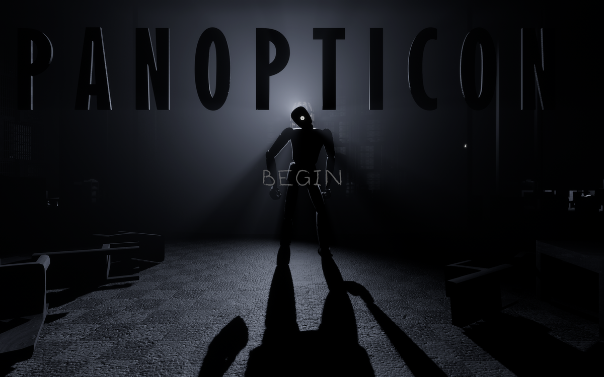 A moody image of a strange room, with an ominous mannequin leering at the viewer with a single glowing eye. "PANOPTICON" is laid across the top in bold lettering..