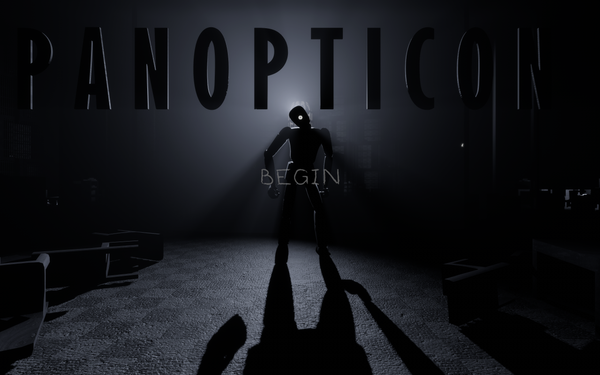 A moody image of a strange room, with an ominous mannequin leering at the viewer with a single glowing eye. "PANOPTICON" is laid across the top in bold lettering..